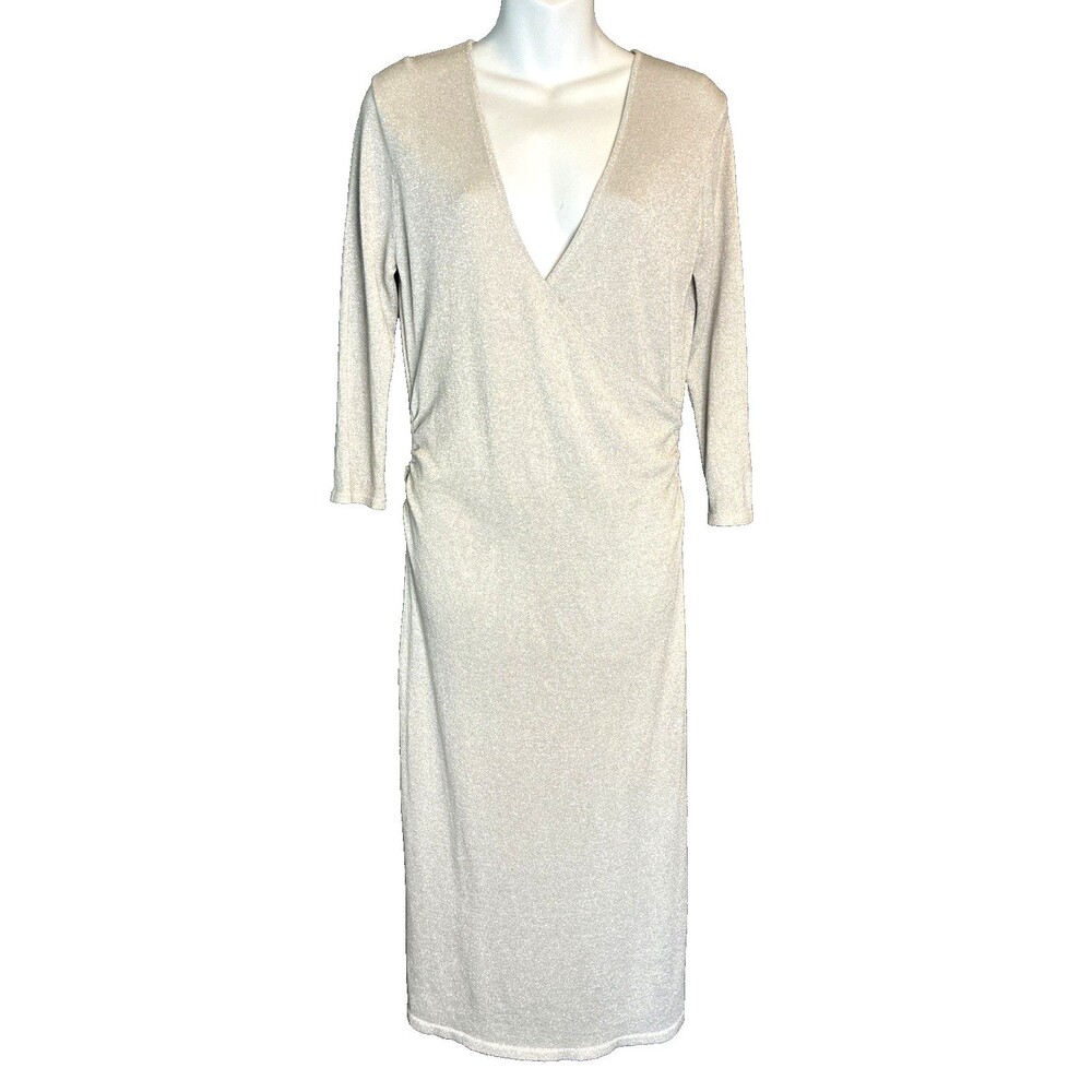Y2K Vtg 90s Newport News Metallic Midi Wrap Dress Sz L Silver Sparkle Disco Glam